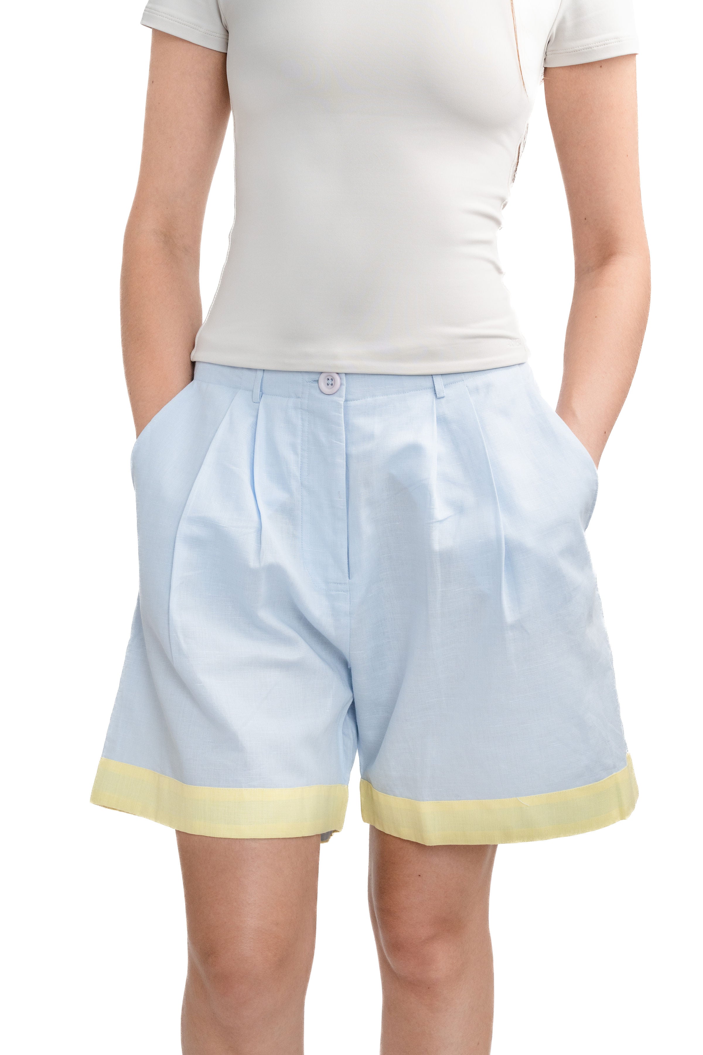 Blue and Butter Cotton Linen Boyfriend Shorts