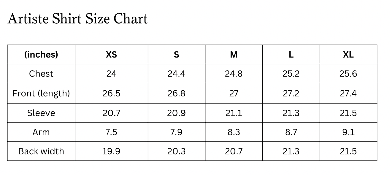 Size chart of the Artiste Oversized Shirt