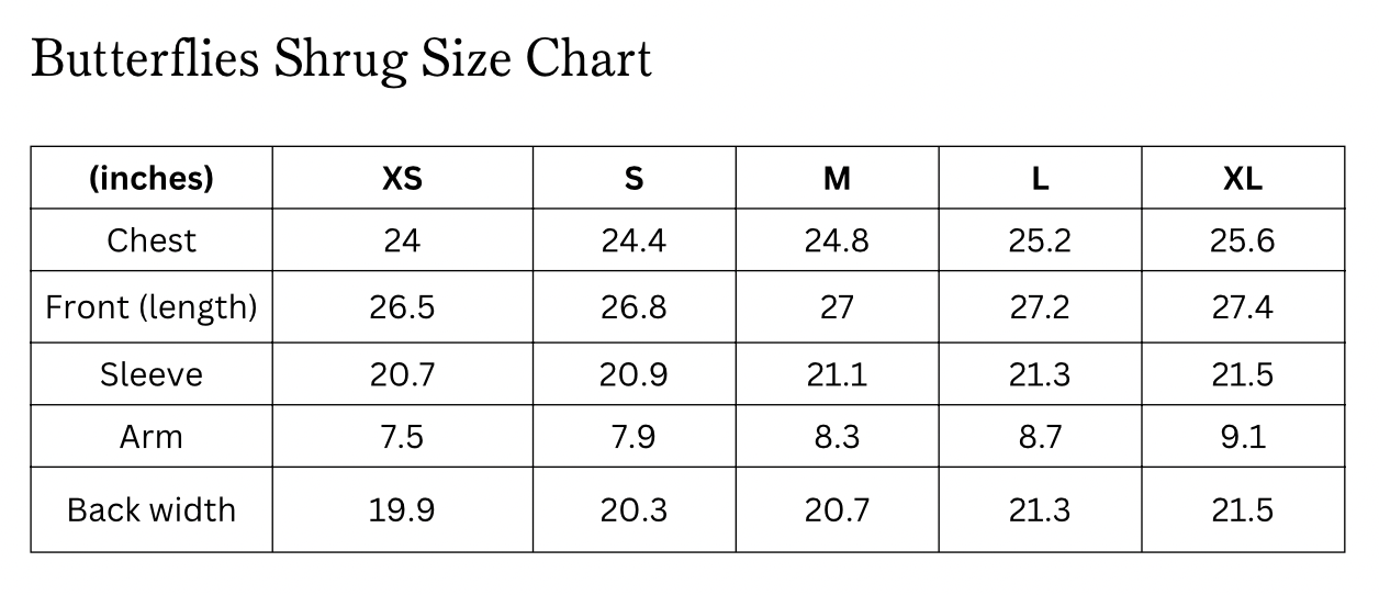 Size chart of the Butterflies Satin Shrug