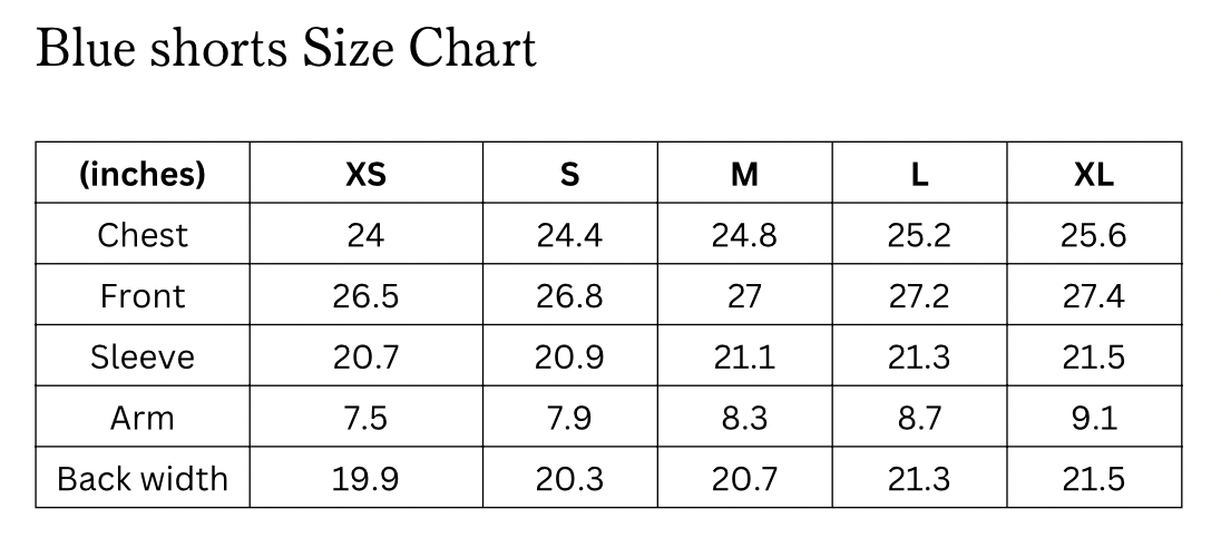 Size chart of the Blue Boyfriend Shorts
