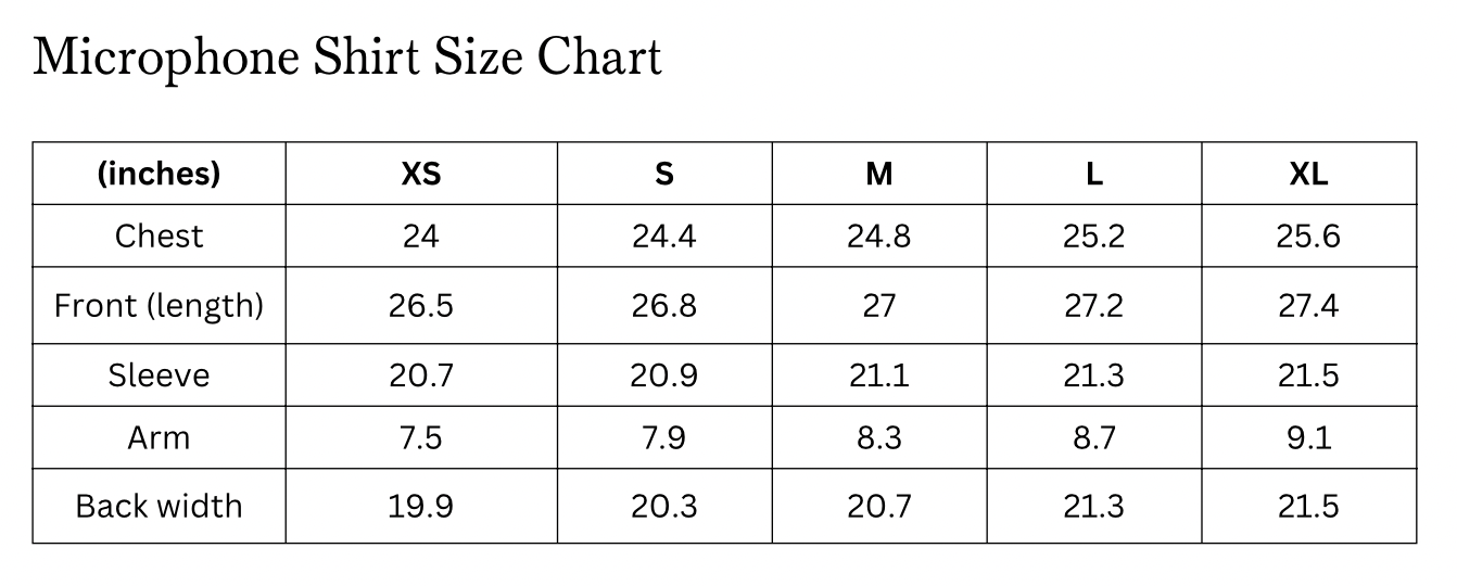 Size chart of the Mulberry Microphone Shirt