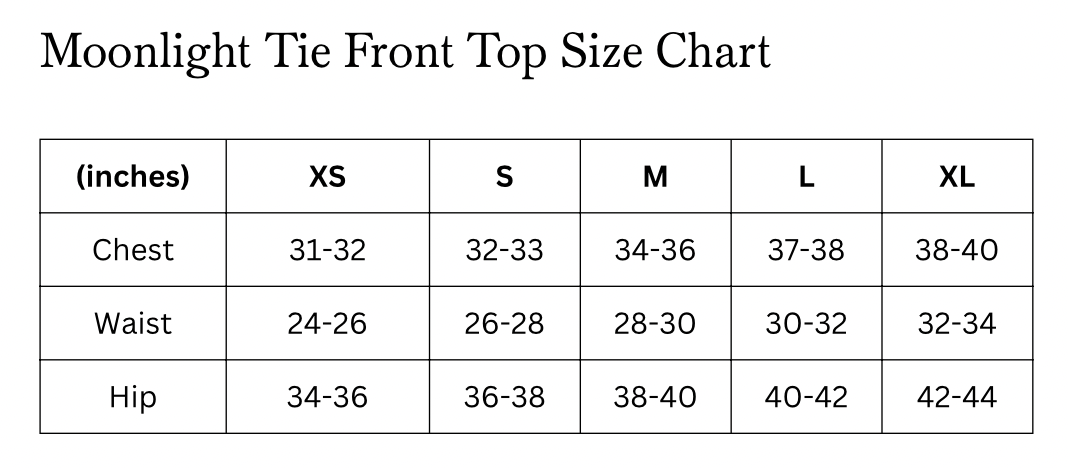 Size chart of the Moonlight Tie Front Top