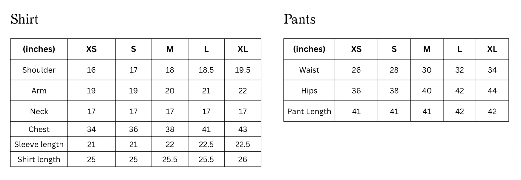 Size chart of the Ivory Classic Pajama Set