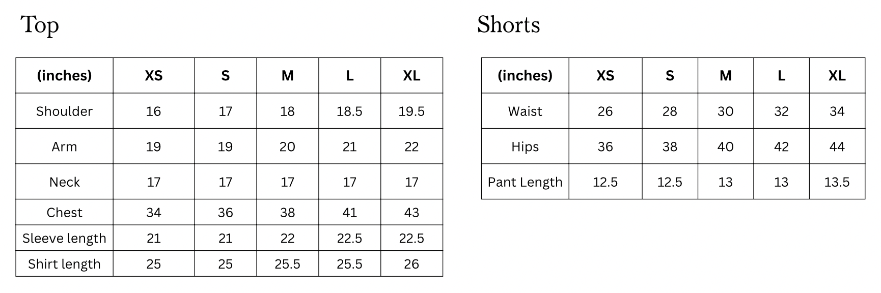 Size chart of the Roma Shorts Set