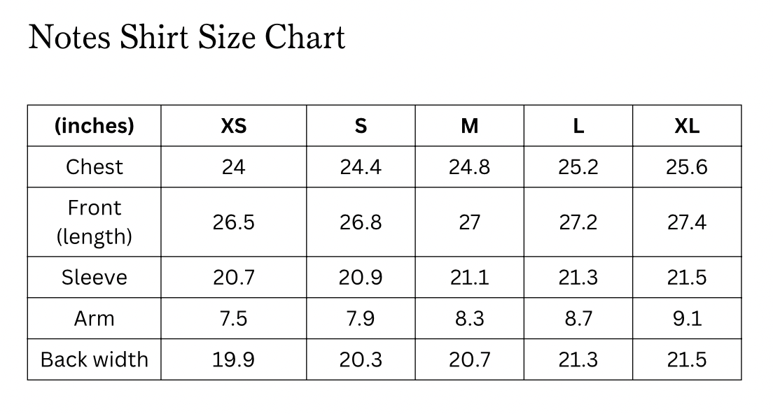 Size chart of the Notes Oversized Shirt