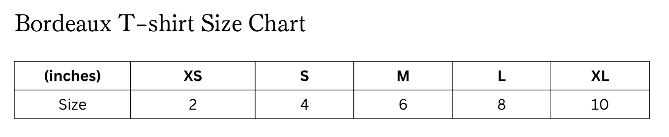 Size chart of the Bordeaux Pink Tshirt