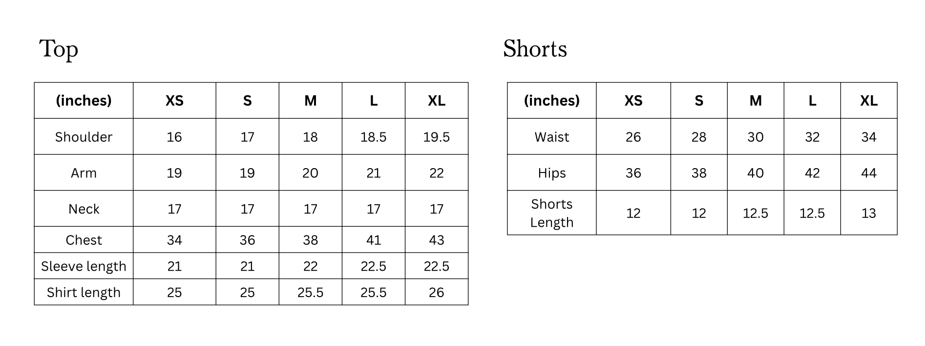 Size chart of the Roma Shorts Set