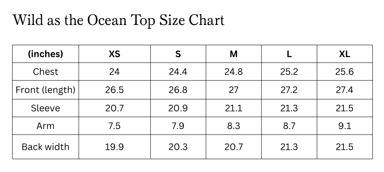 Size chart of the Ocean Tie Front Top