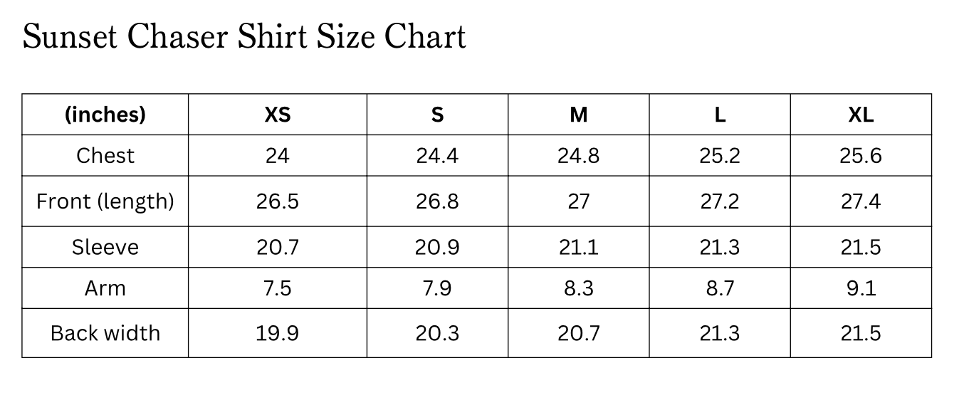 Size chart of the Sunset Beach Cover Up