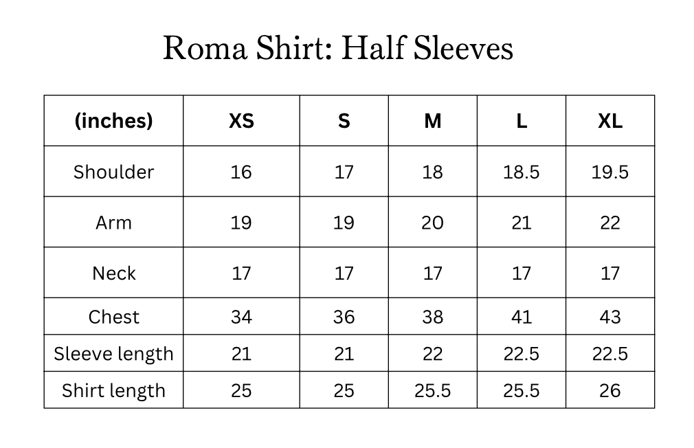 Size chart of the Roma Shirt Half Sleeves